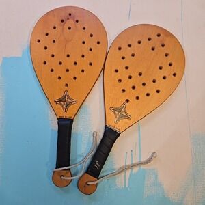 VTG J.B. Palettas Encore Beach Tennis Set Wood Paddles Neumann‎ Leather USA 80s